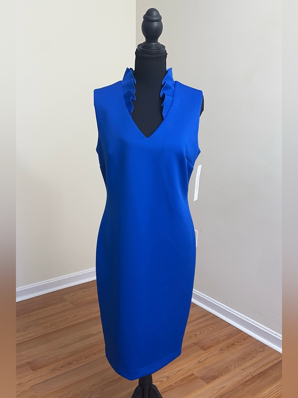 Calvin Klein Royal Blue Scuba Sheath Dress Ruffled Stand Collar V-Neck Sz 12